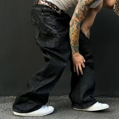 Dragon Pattern Washed Straight-Leg Jeans