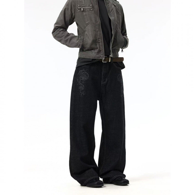 Dragon Pattern Washed Straight-Leg Jeans