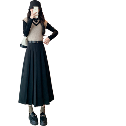 Draped Wool Blend Pleated Ankle Length Skirt