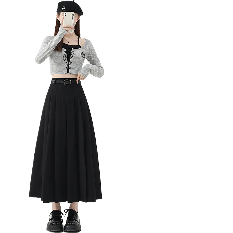 Draped Wool Blend Pleated Ankle Length Skirt