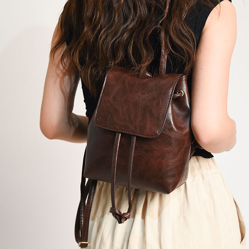 Drawstring Shoulder Bag PU Retro Women Bag