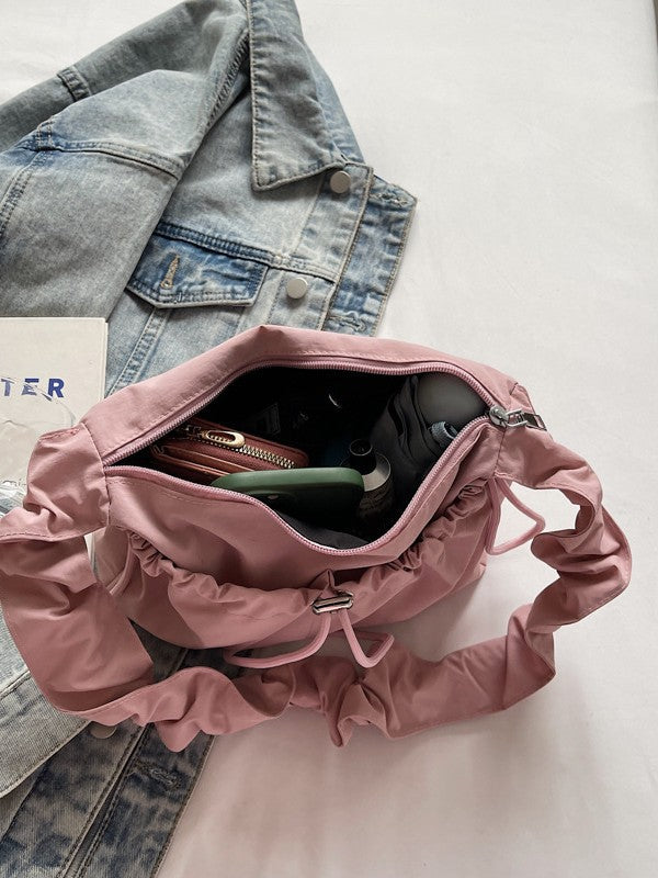 Drawstring Shoulder Strap Crossbody Bag Nylon Pleated Design