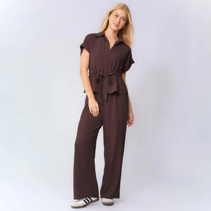 Drawstring Solid Color Commuter Pants Set