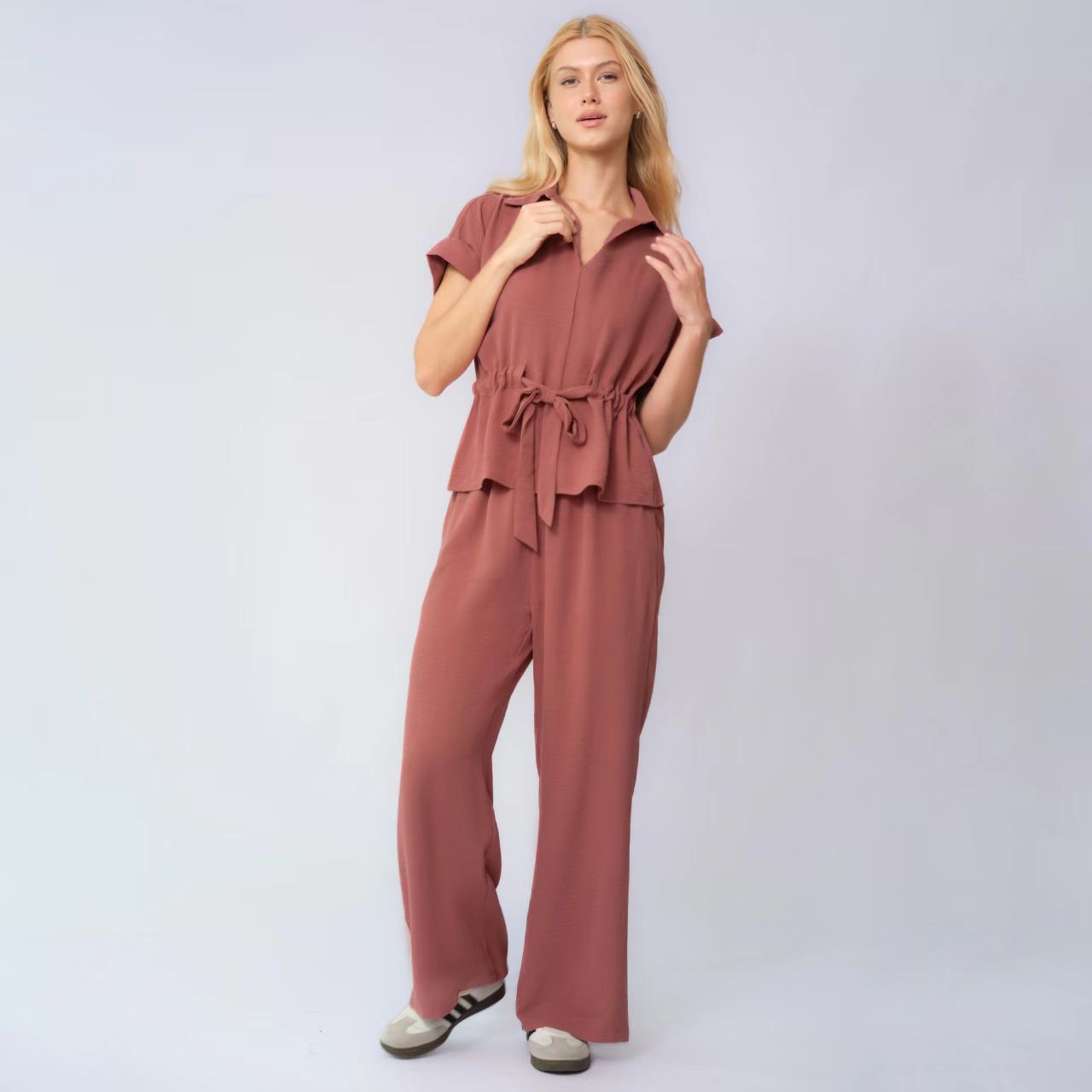 Drawstring Solid Color Commuter Pants Set