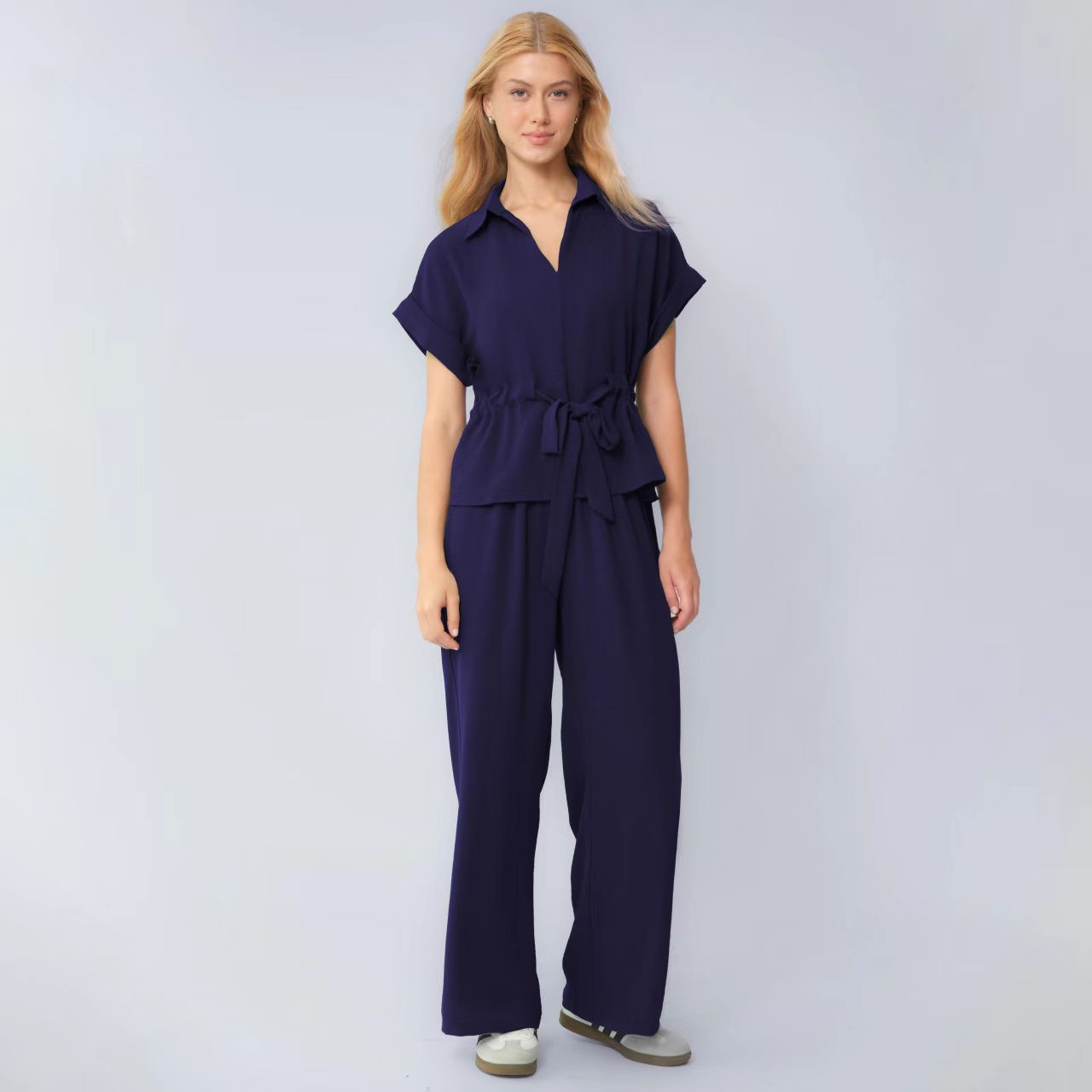 Drawstring Solid Color Commuter Pants Set