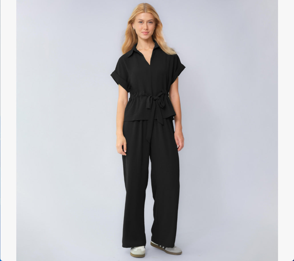 Drawstring Solid Color Commuter Pants Set