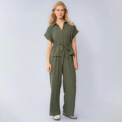 Drawstring Solid Color Commuter Pants Set