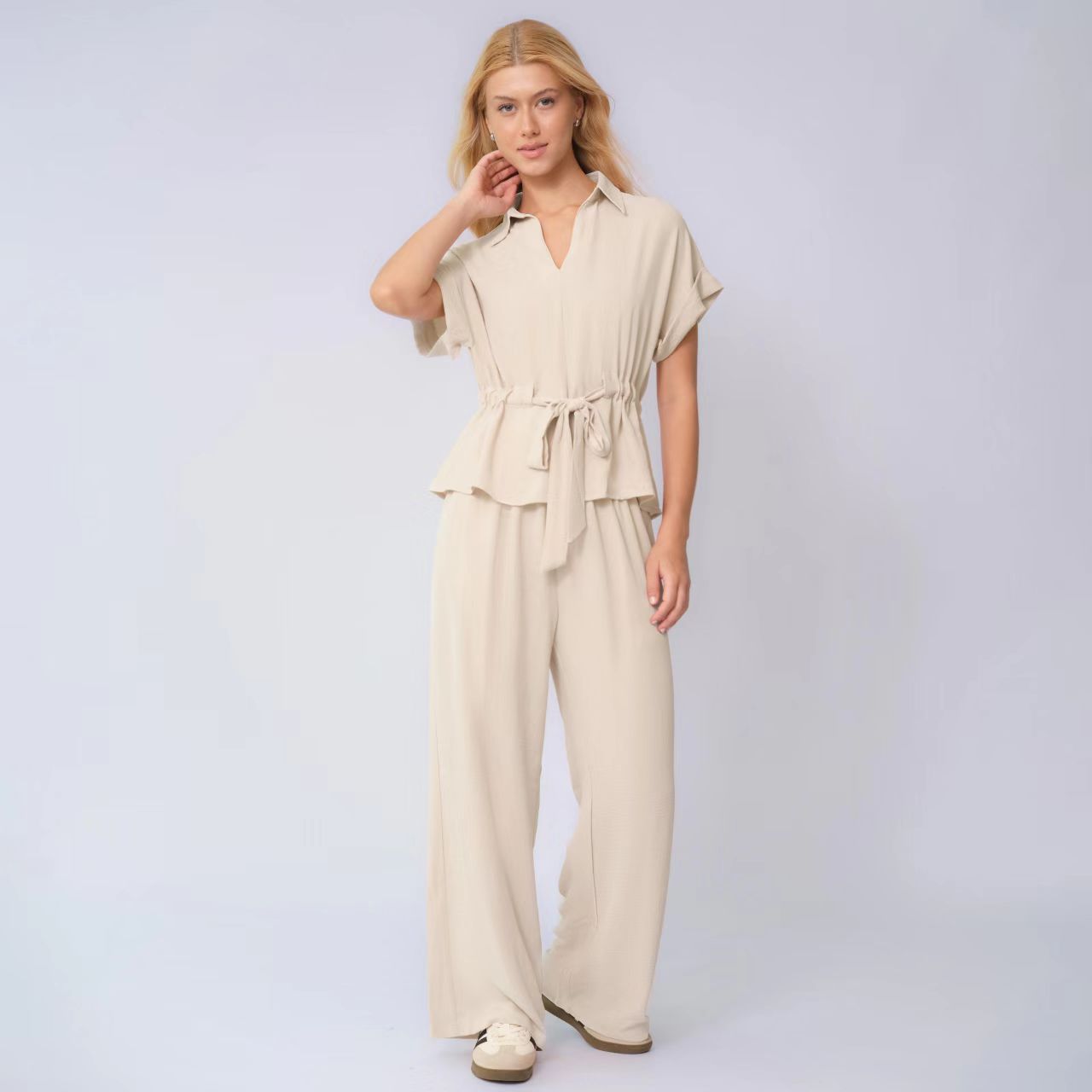 Drawstring Solid Color Commuter Pants Set