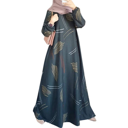 Dress Full-Sleeved Round Neck Robe Long Skirt Elegant