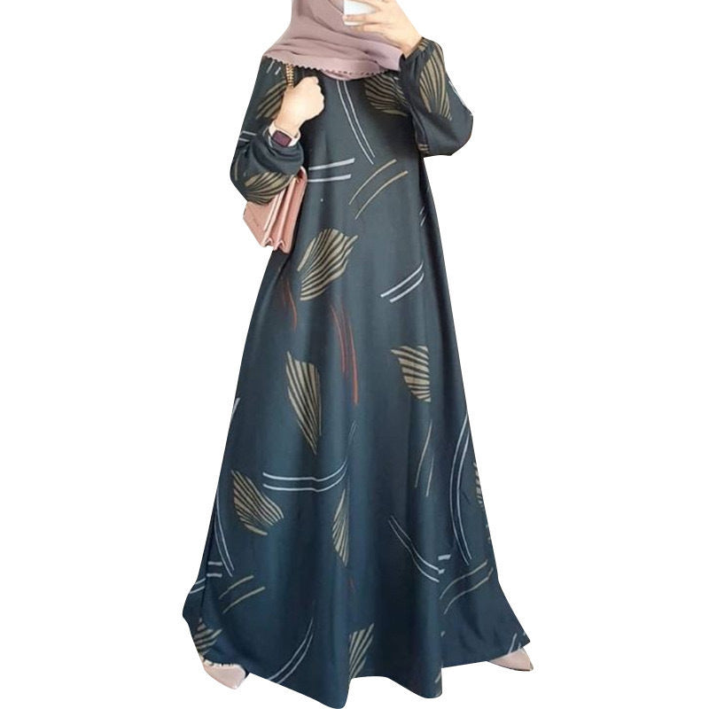 Dress Full-Sleeved Round Neck Robe Long Skirt Elegant