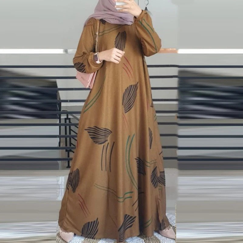 Dress Full-Sleeved Round Neck Robe Long Skirt Elegant
