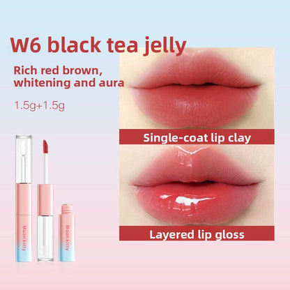 Dual-ended lip gloss with mirror-like shine and non-transfer formula