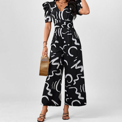 Buy Women’s Stylish Chic V-Neck Cinched-Waist Wide-Leg Jumpsuit