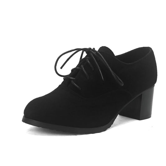 Deep-V Cut Womens Chunky Heel Round-Toe Lace-Up Shoes