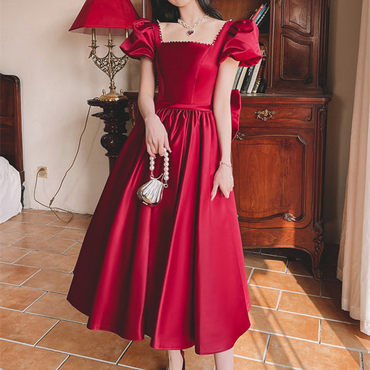 Winter Wine Red Engagement Satin Dress  French Princess Style