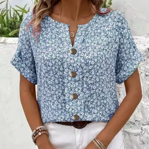 Womens Print Jacquard Collar Short-Sleeve T-Shirt