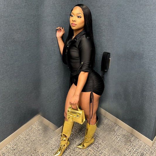 Women's Sexy Ruched Jumpsuit – Solid Color with Long Sleeves