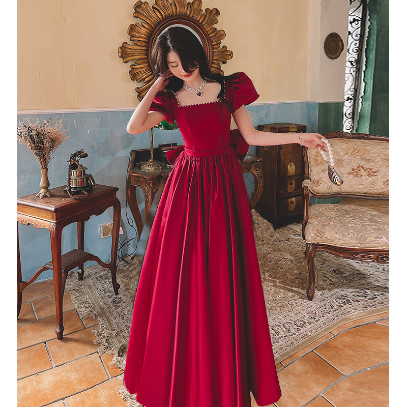 Winter Wine Red Engagement Satin Dress  French Princess Style