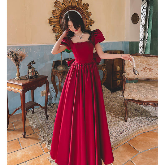 Winter Wine Red Engagement Satin Dress  French Princess Style