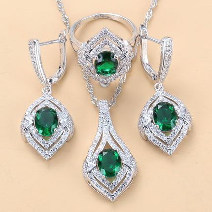 Gem-inlaid Pendant Earrings Necklace Ring Set – Perfect for Ladies