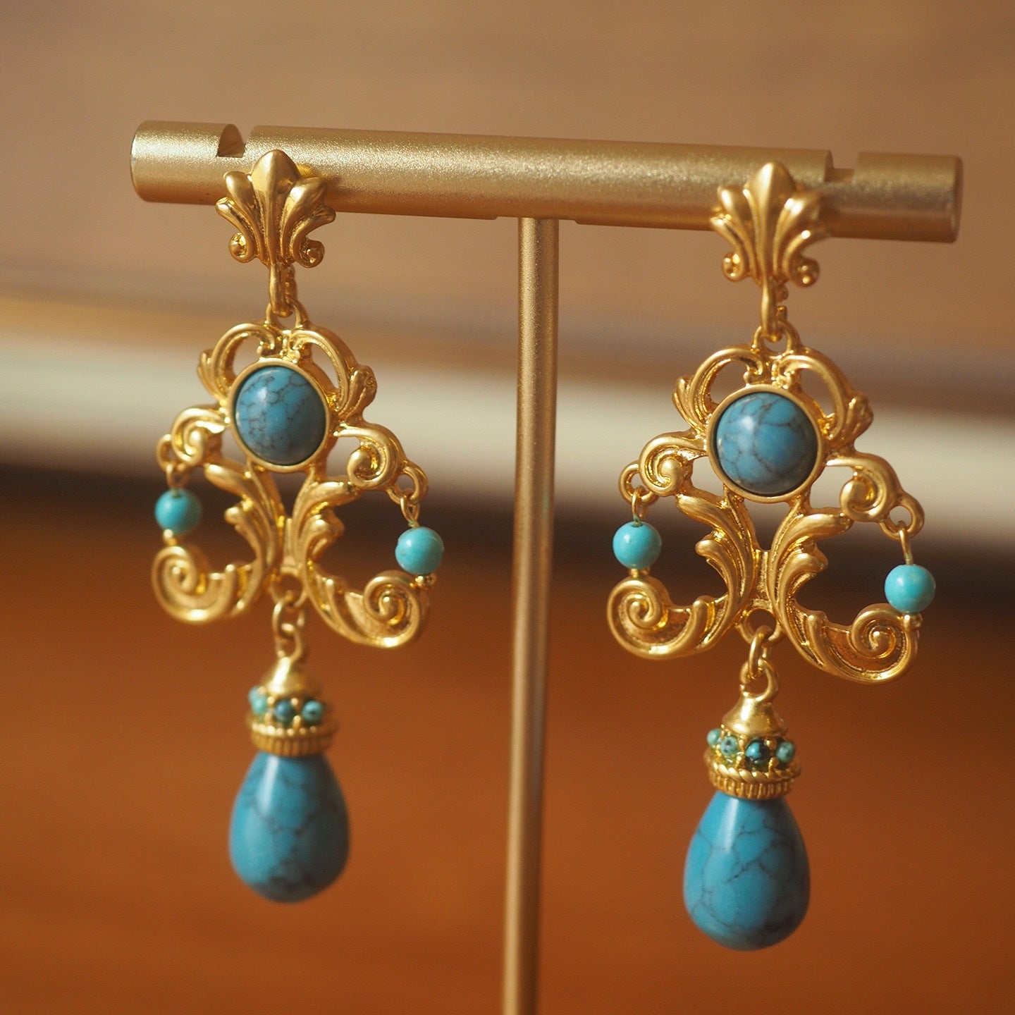 Buy Vintage Palace Style Turquoise Floral Carved Drop Earrings