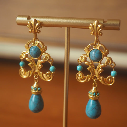 Buy Vintage Palace Style Turquoise Floral Carved Drop Earrings