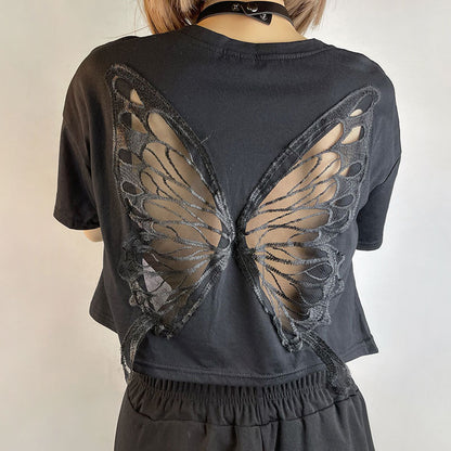Black Lace Butterfly Crop T-Shirt for Chic Casual Style Global Swanky 3