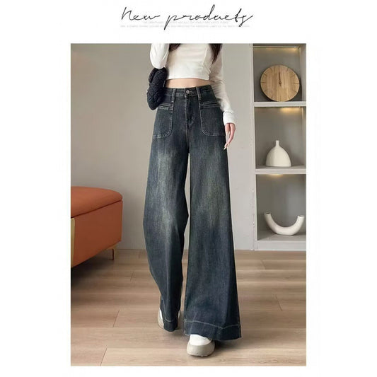 High-waisted wide-leg denim pants
