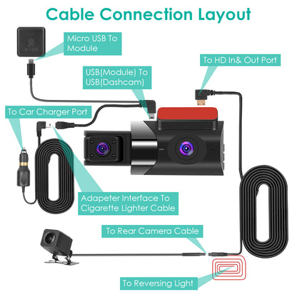 Car Dash Cam 2K 3 Channel DVR with GPS WiFi Parking Monitor.