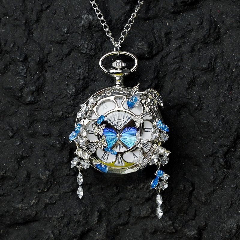 Couples Teal  Green Butterfly Animated Pocket Watch  Romantic