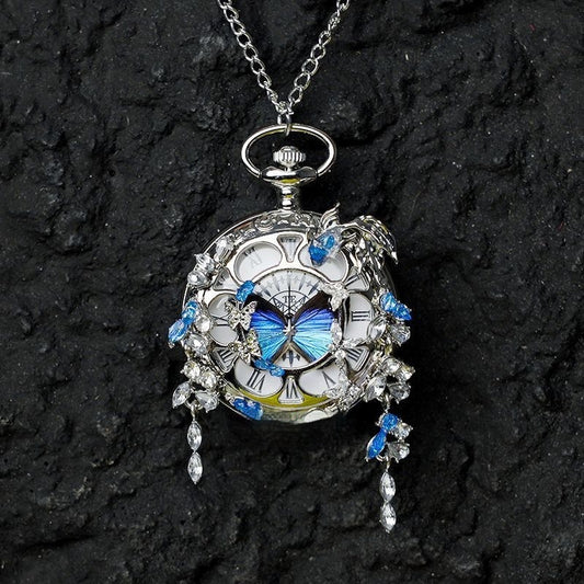 Couples Teal  Green Butterfly Animated Pocket Watch  Romantic