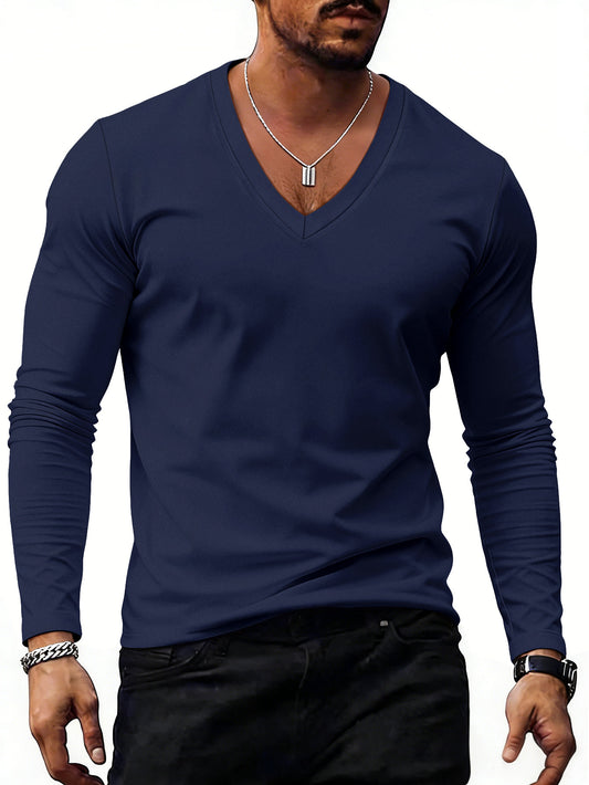 Men’s Solid-Color Plus-Size Casual V-Neck T-Shirt Trendy Style