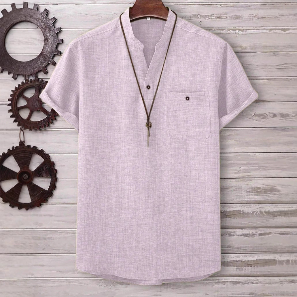 Men’s Casual Short-Sleeve Solid-Color Shirt Turn-Down Collar