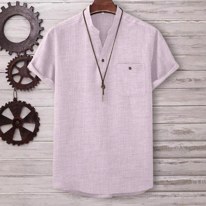Men’s Casual Short-Sleeve Solid-Color Shirt Turn-Down Collar