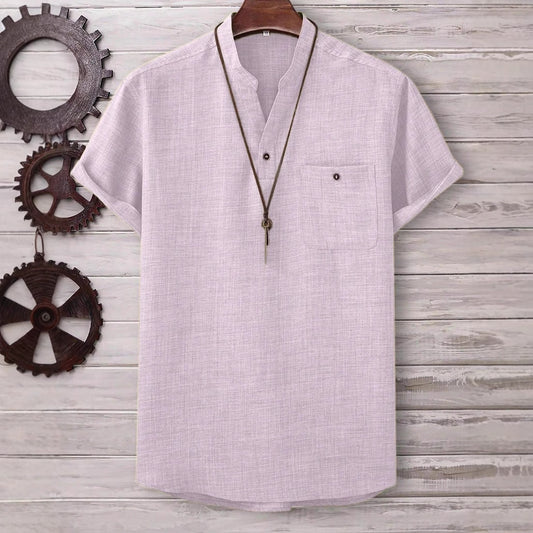Men’s Casual Short-Sleeve Solid-Color Shirt Turn-Down Collar