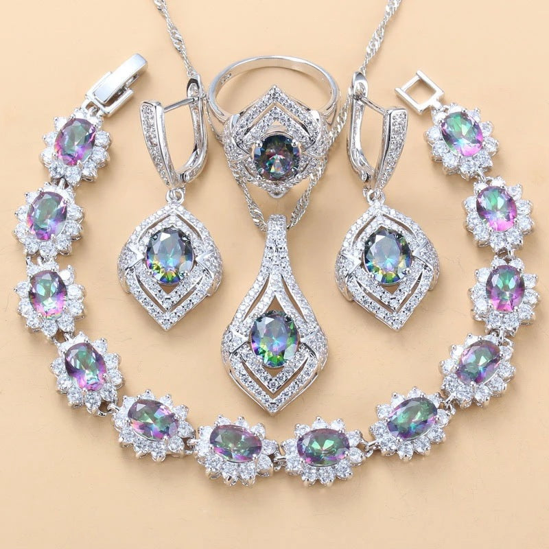 Inlaid Gemstone Pendant Earrings Necklace And Ring For Women 4 PCs