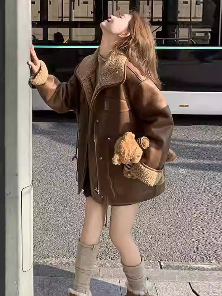 Buy Thickened Lambskin Coat With Integrated Fur Lining for Women