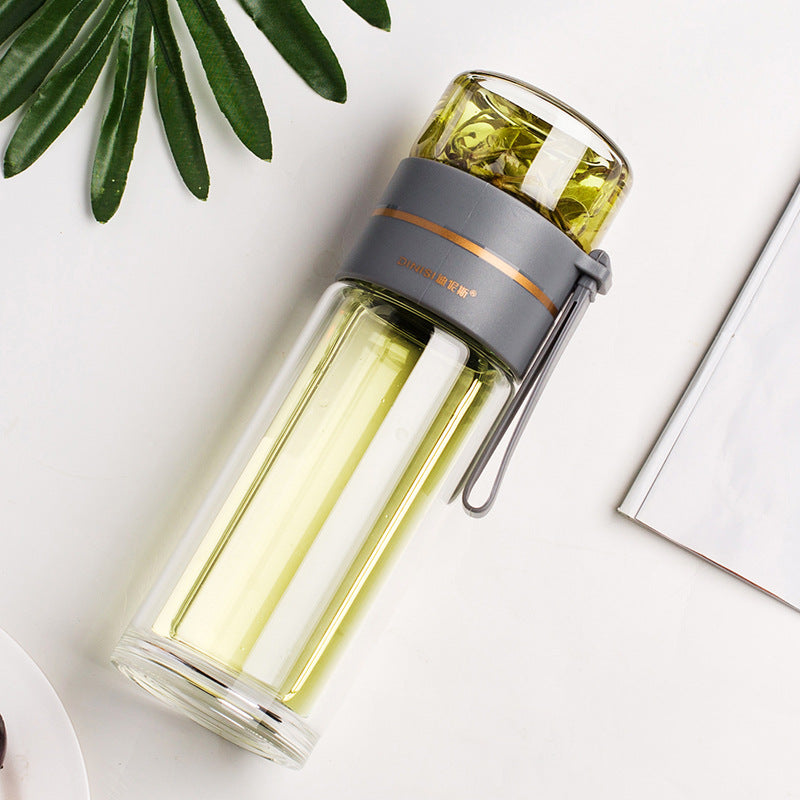 Glass Water Bottle with Tea Infuser Filter Double Wall Design