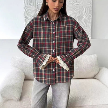 Womens Retro Loose-Fit Plaid Shirt  Casual Vintage Style