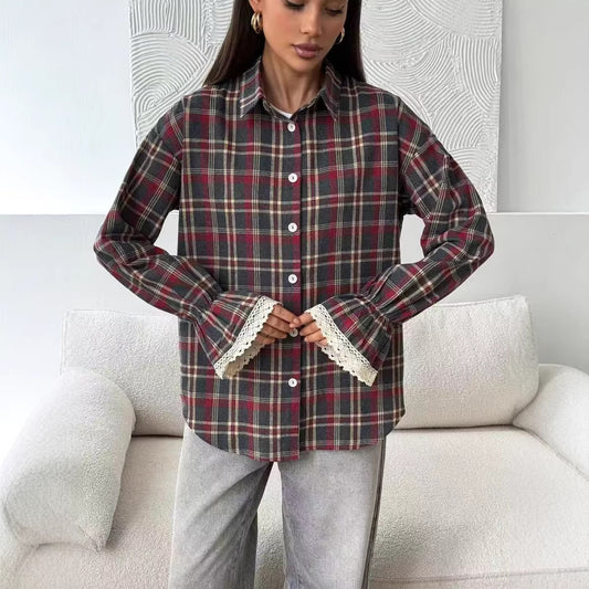 Womens Retro Loose-Fit Plaid Shirt  Casual Vintage Style