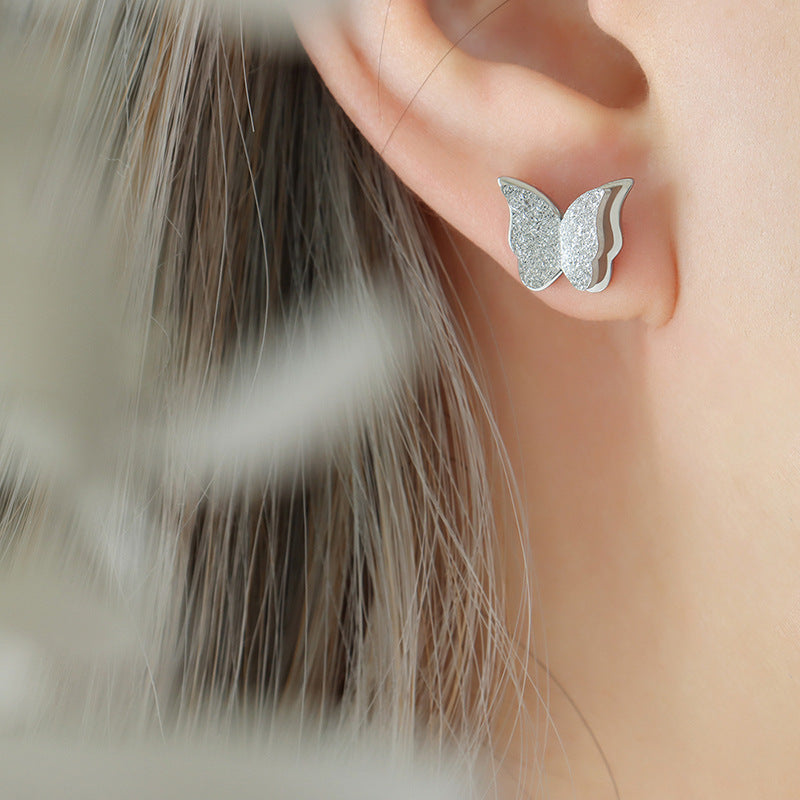 Frosted Butterfly Titanium Steel Necklace Earring Ring Set