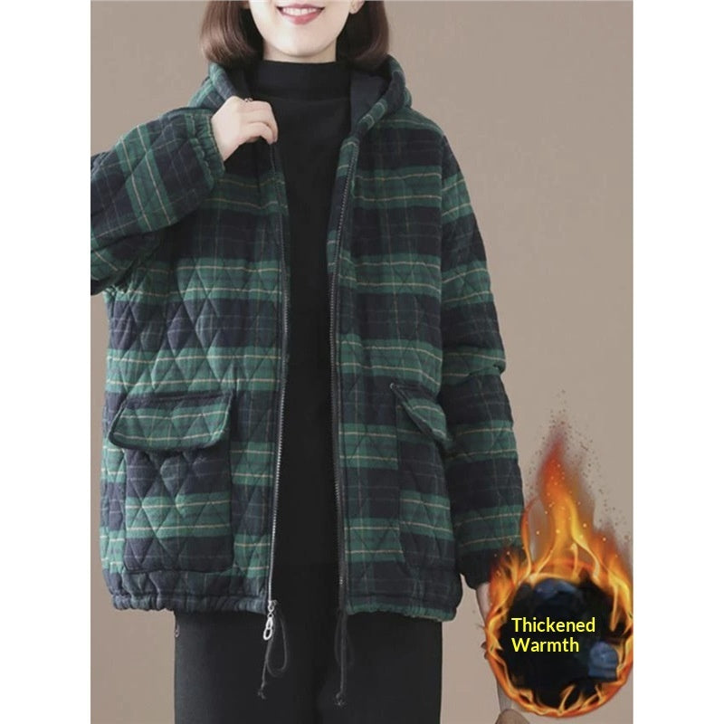 Buy Women’s Short Cotton-Padded Plaid Coat for Fall and Winter