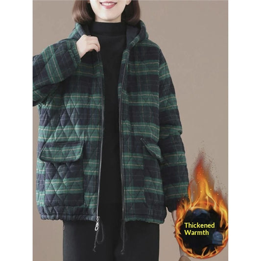 Buy Women’s Short Cotton-Padded Plaid Coat for Fall and Winter