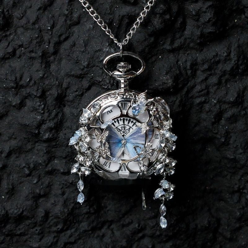 Couples Teal  Green Butterfly Animated Pocket Watch  Romantic