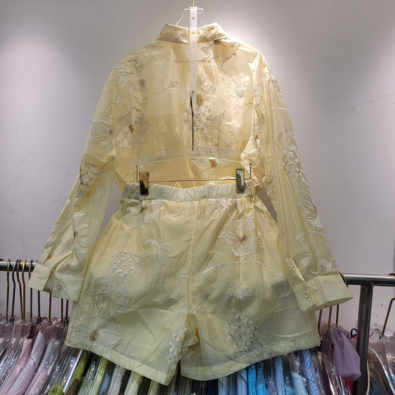 Elaborate Floral Embroidery Sun-Protective Shirt + High-Waisted Shorts