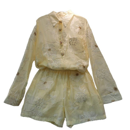 Elaborate Floral Embroidery Sun-Protective Shirt + High-Waisted Shorts