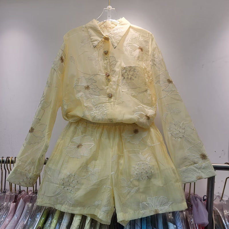 Elaborate Floral Embroidery Sun-Protective Shirt + High-Waisted Shorts
