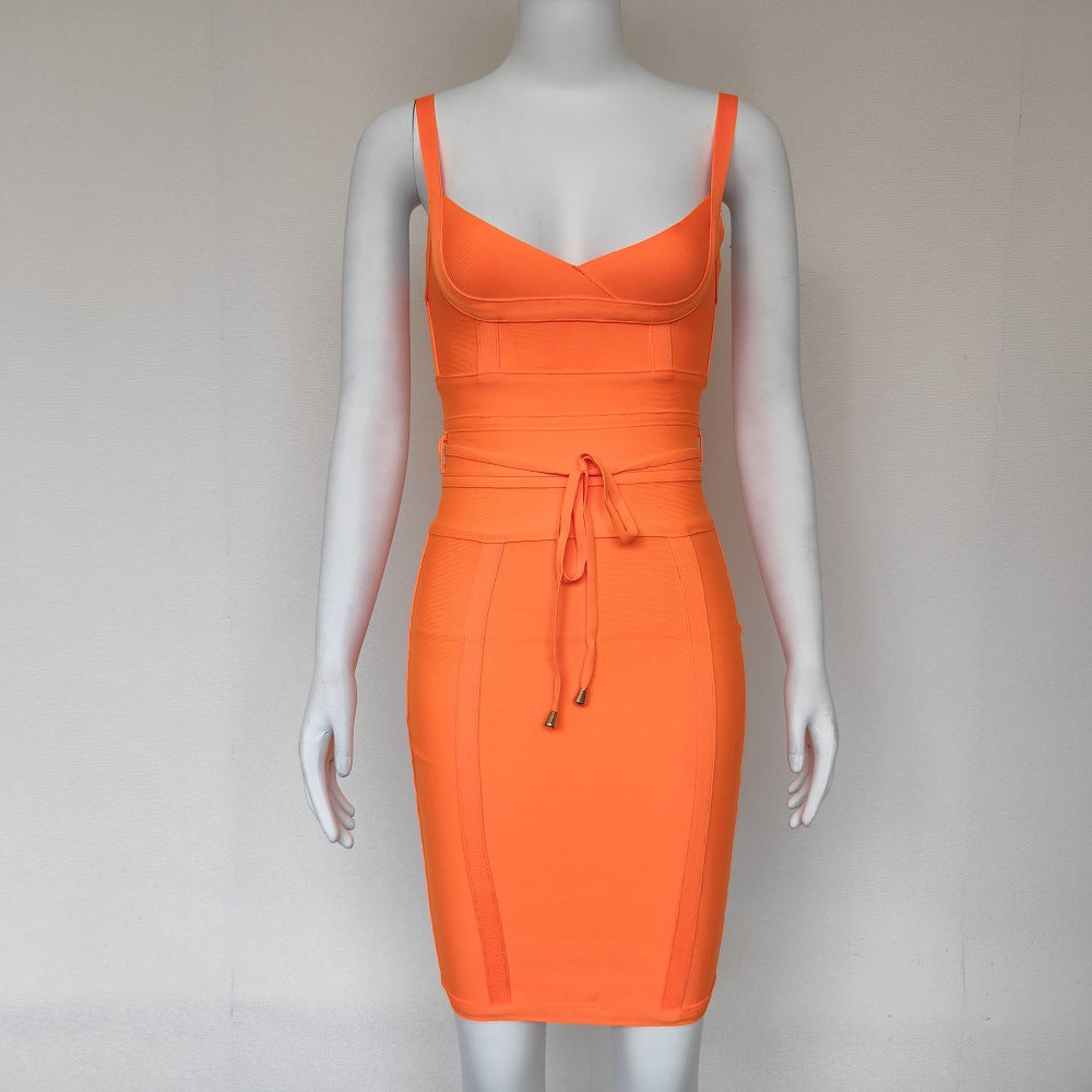 Elastic Bandage Dress with Tie-Up Waist