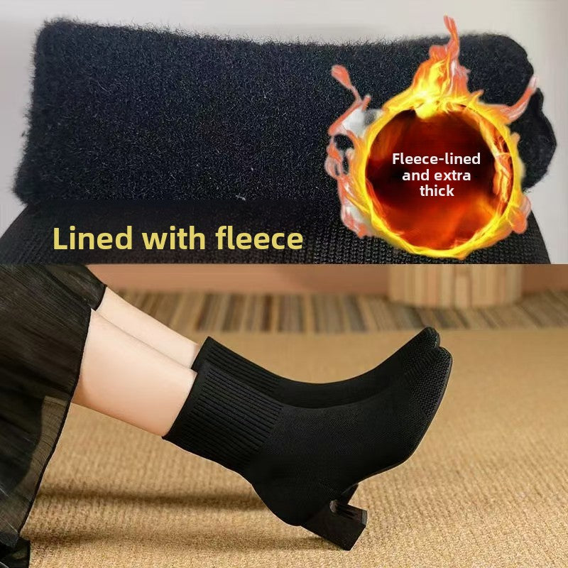 Elastic Chunky Heel Knitted Sock Boots for Women