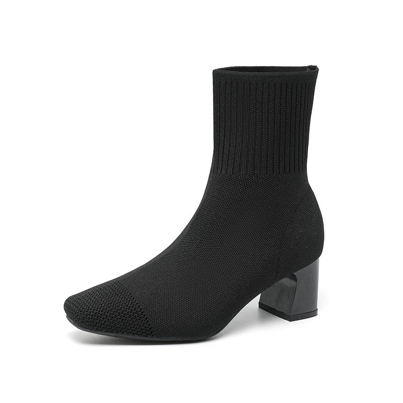 Elastic Chunky Heel Knitted Sock Boots for Women